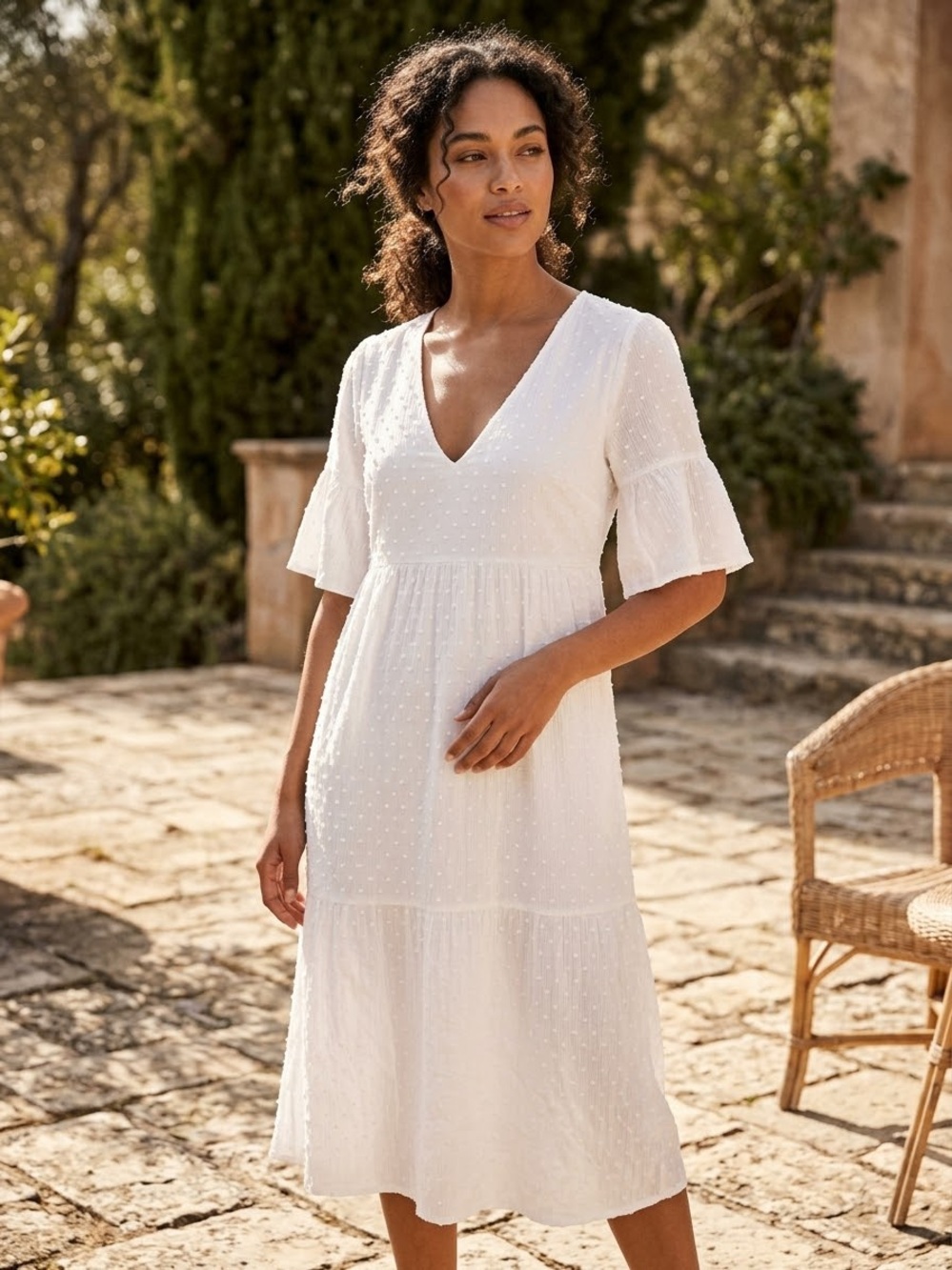 Park & Fifth Rennie Dress White V-Neck Swiss dot Texture